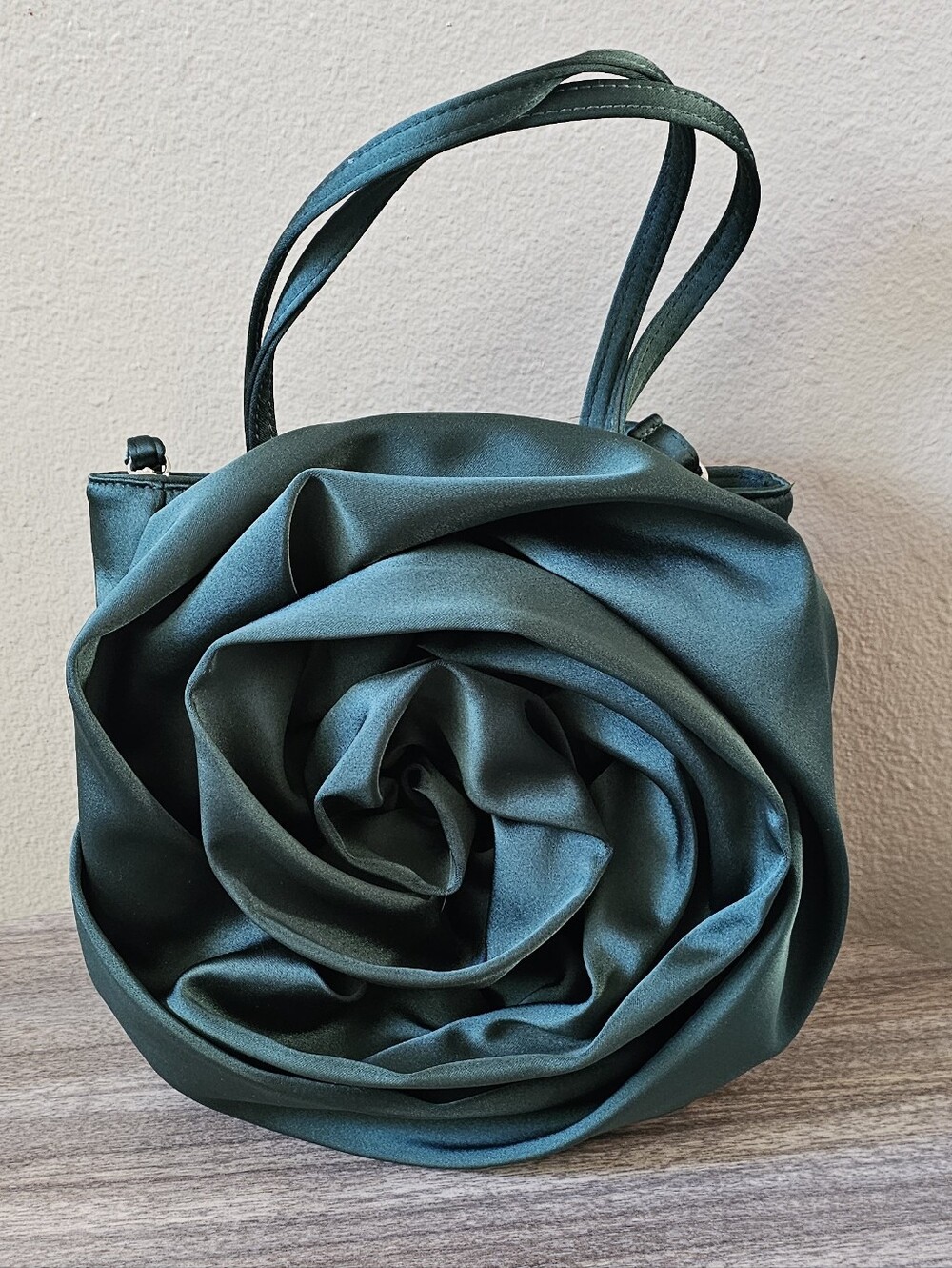 Zara Teal Satin Rose-Embellished Shoulder Bag